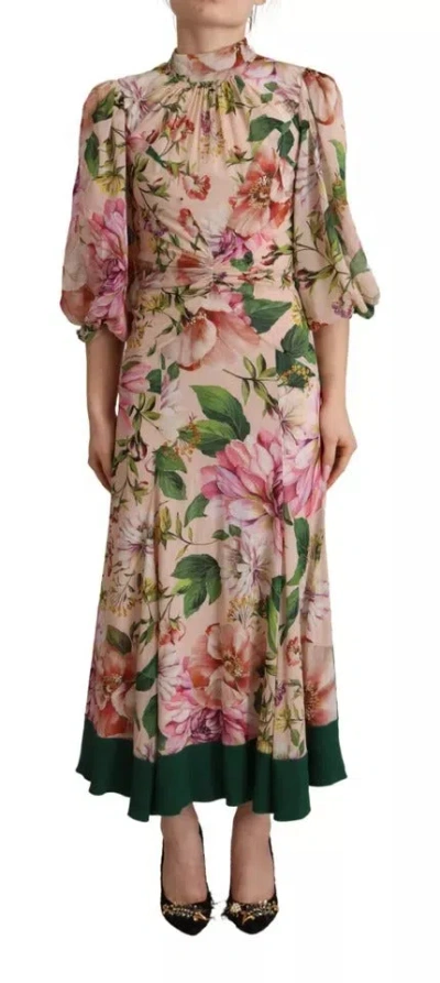 Pre-owned Dolce & Gabbana Pink A-line Sheath Floral Pussy Bow Long Women's Dress ()