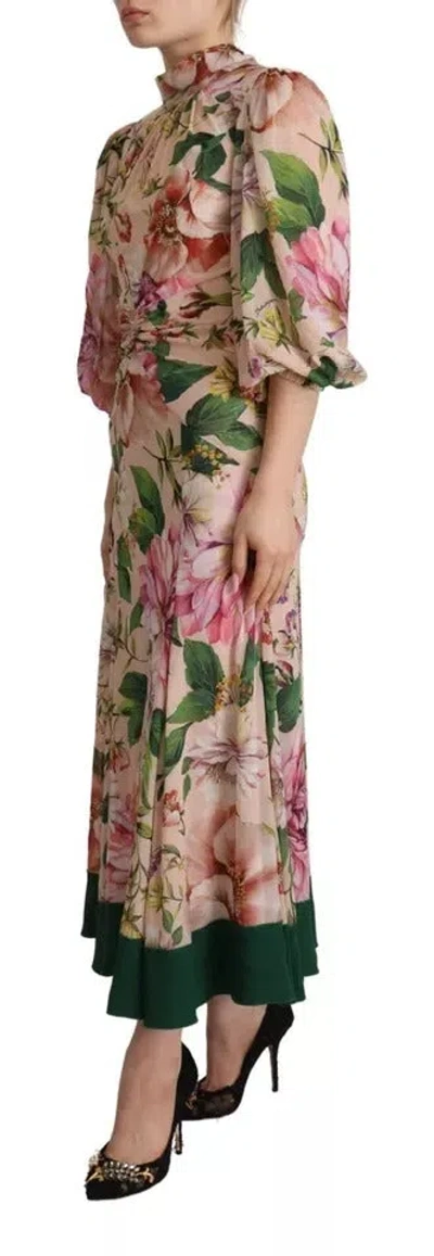 Pre-owned Dolce & Gabbana Pink A-line Sheath Floral Pussy Bow Long Women's Dress ()