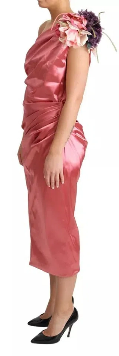 Pre-owned Dolce & Gabbana Pink Draped Midi Flower Applique Women's Dress ()