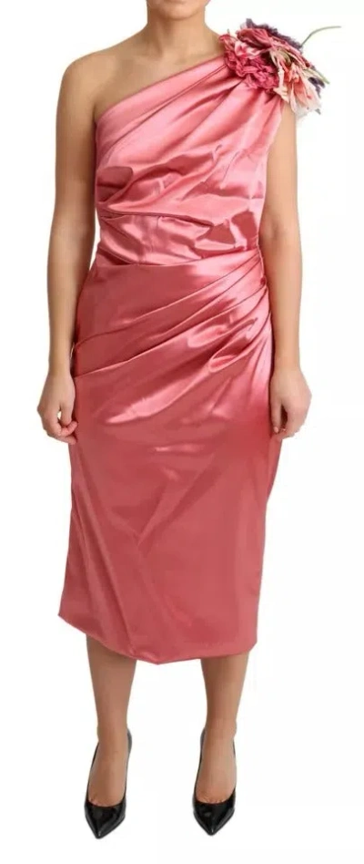 Pre-owned Dolce & Gabbana Pink Draped Midi Flower Applique Women's Dress ()