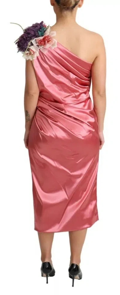 Pre-owned Dolce & Gabbana Pink Draped Midi Flower Applique Women's Dress ()