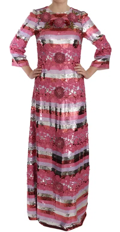 Pre-owned Dolce & Gabbana Pink Floral Sequined Crystal Gown Women's Dress ()
