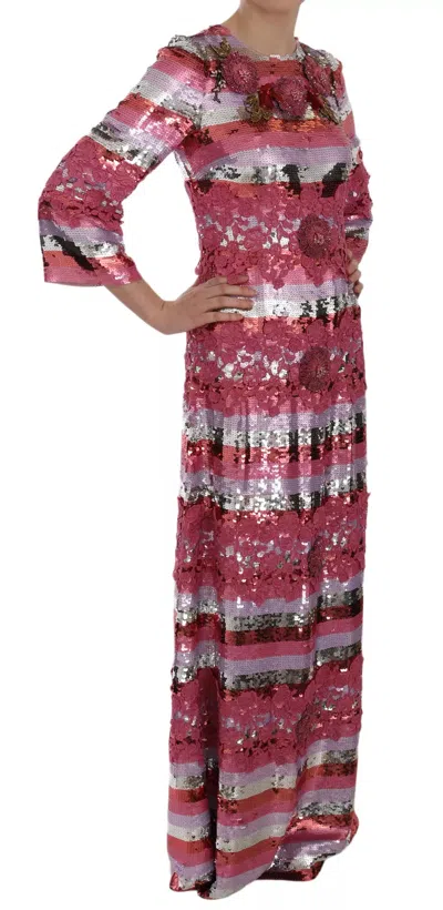 Pre-owned Dolce & Gabbana Pink Floral Sequined Crystal Gown Women's Dress ()