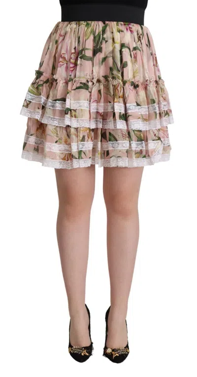 Dolce & Gabbana Pink Lily Print Silk Mini Tiered A-line Skirt In Pink