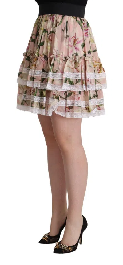 Dolce & Gabbana Pink Lily Print Silk Mini Tiered A-line Skirt In Pink