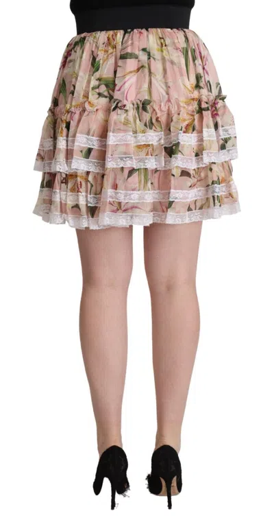 Dolce & Gabbana Pink Lily Print Silk Mini Tiered A-line Skirt In Pink