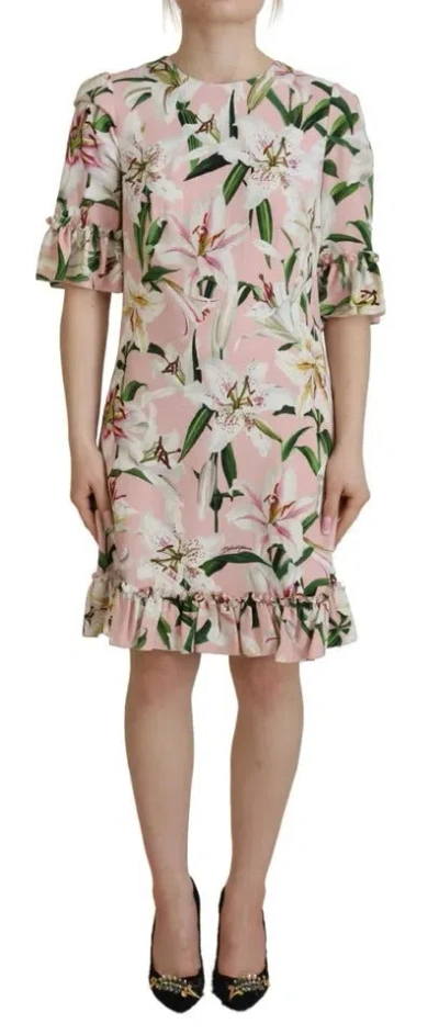 Pre-owned Dolce & Gabbana Pink Lily Viscose Sheath Knee Length Women's Dress ()