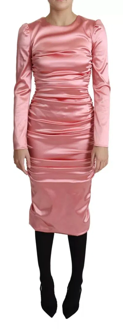 Pre-owned Dolce & Gabbana Pink Long Sleeves Bodycon Sheath Midi Women's Dress ()