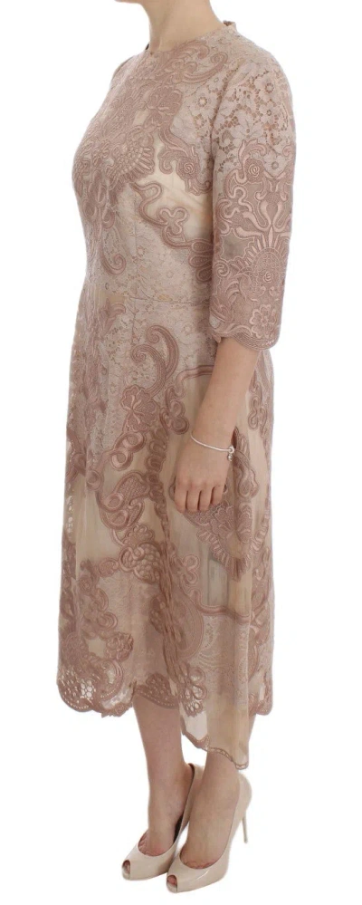 Dolce & Gabbana Pink Silk Lace Ricamo Shift Gown Dress In Brown