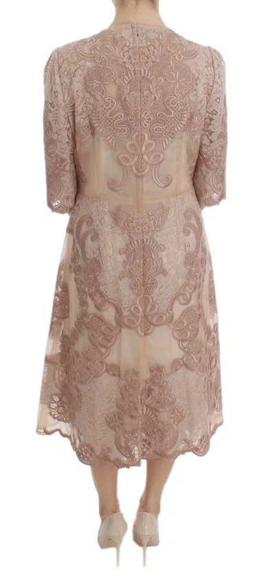 Dolce & Gabbana Pink Silk Lace Ricamo Shift Gown Dress In Brown