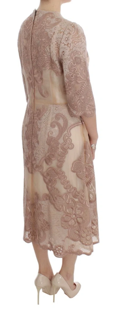 Dolce & Gabbana Pink Silk Lace Ricamo Shift Gown Dress In Brown