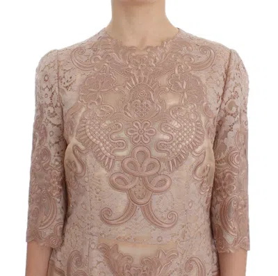 Dolce & Gabbana Pink Silk Lace Ricamo Shift Gown Dress In Brown