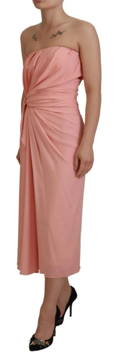 Pre-owned Dolce & Gabbana Pink Silk Stretch Strapless Sheath Midi Women's Dress ()