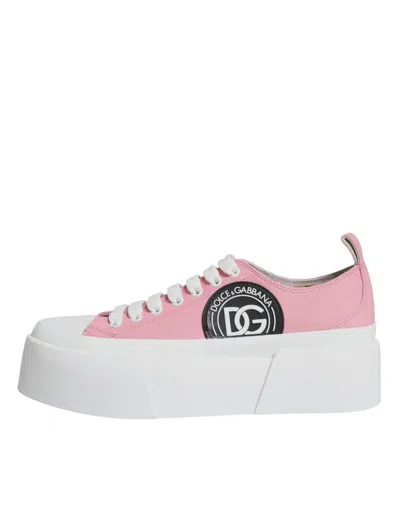 Dolce & Gabbana Pink White Canvas Logo Low Top Sneakers Shoes In Pink