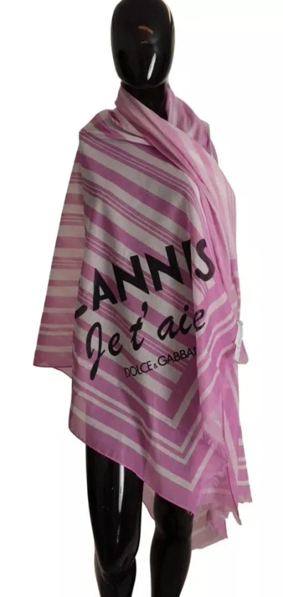 Pre-owned Dolce & Gabbana Pink White Striped Cotton Wrap Shawl Women's Scarf ()
