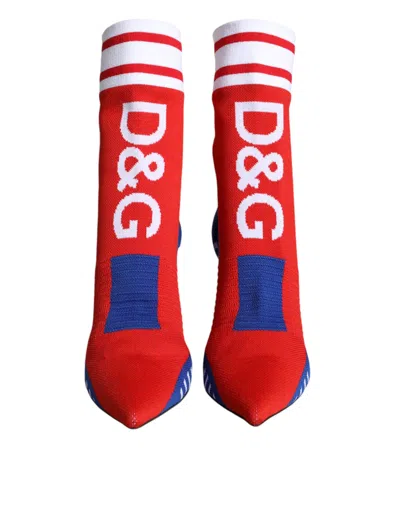 Dolce & Gabbana Red Blue Stretch Sock Style Ankle Boots Logo Women's Shoes In Multi