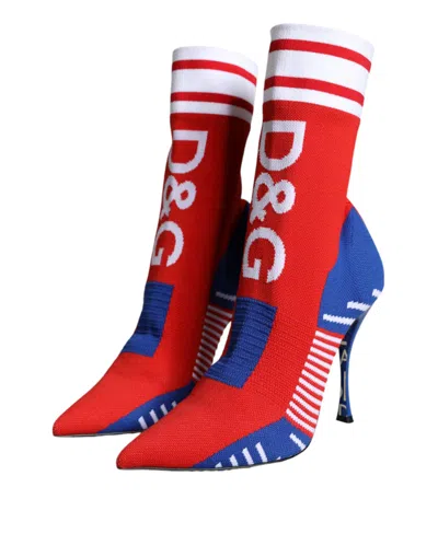 Dolce & Gabbana Red Blue Stretch Sock Style Ankle Boots Logo Women's Shoes In Multi