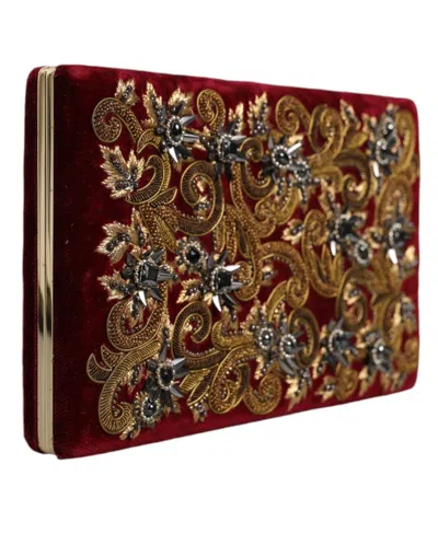 Dolce & Gabbana Red Velvet Gold Frame Clutch Evening Party Purse Women's Bag In Red