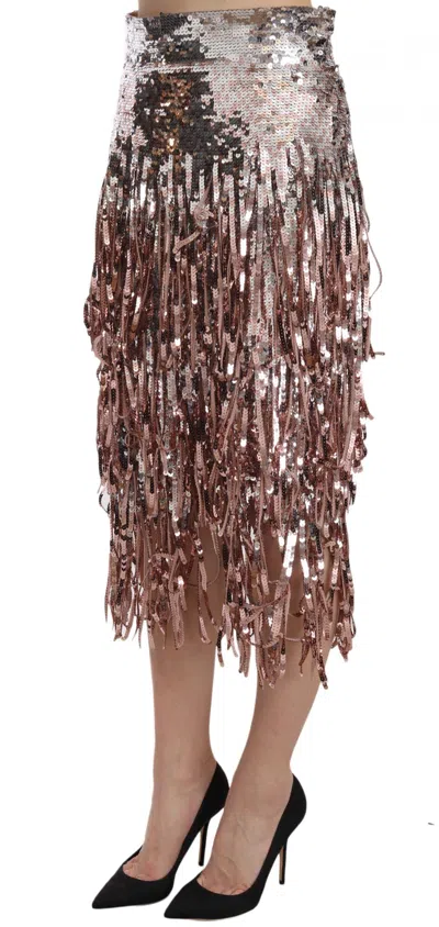 Dolce & Gabbana Sequin Embellished Fringe Midi Pencil Skirt In Silver