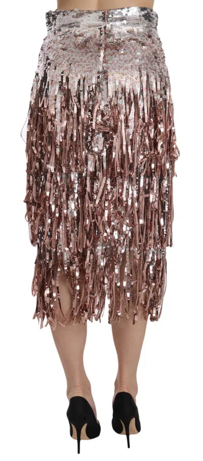 Dolce & Gabbana Sequin Embellished Fringe Midi Pencil Skirt In Silver
