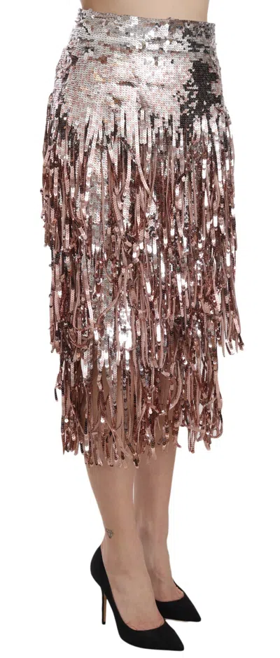 Dolce & Gabbana Sequin Embellished Fringe Midi Pencil Skirt In Silver