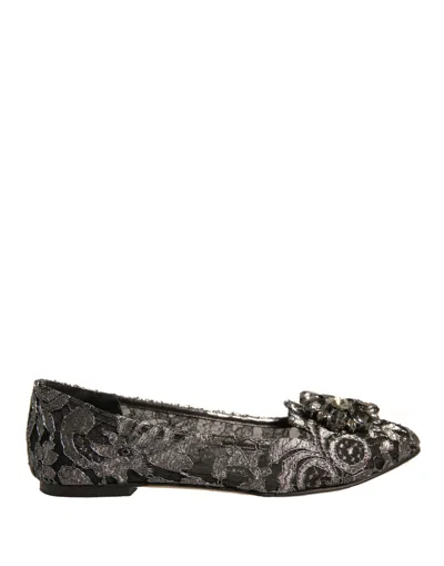 Pre-owned Dolce & Gabbana Silver Crystal Loafer Lace Ballet Flats Women's Shoes ()