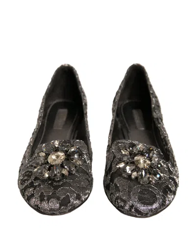 Pre-owned Dolce & Gabbana Silver Crystal Loafer Lace Ballet Flats Women's Shoes ()