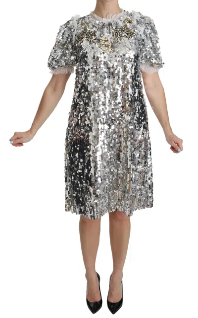 Dolce & Gabbana Silver Sequined Crystal Shift Gown Dress In Multi