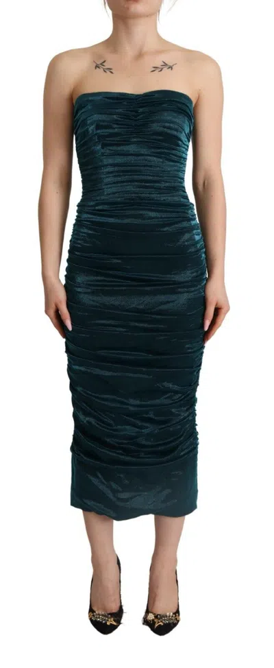 Pre-owned Dolce & Gabbana Turquoise Bustier Bodice Draped Midi Women's Dress. () In Blue