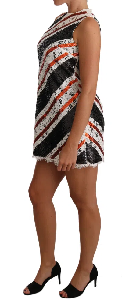 Dolce & Gabbana White And Orangesequin Floral Lace Embellished Shift Dress