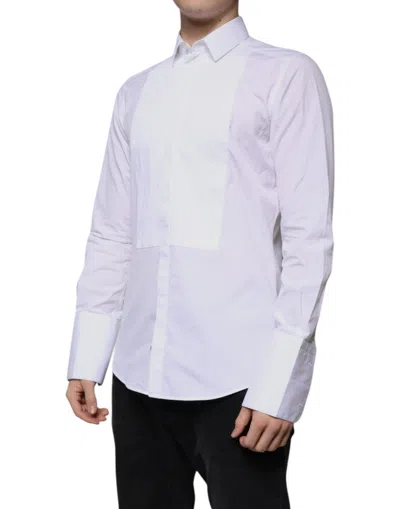 Pre-owned Dolce & Gabbana White Bib Cotton Poplin Gold Men Formal Men's Shirt ()
