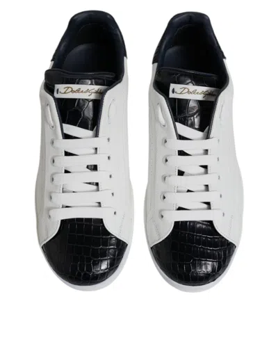Pre-owned Dolce & Gabbana White Black Leather Portofino Sneaker Men's Shoes () In Multi