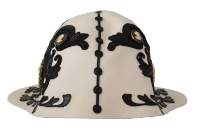 Dolce & Gabbana White Black Wool Embroidered Cameo Brooch Women's Hat In White