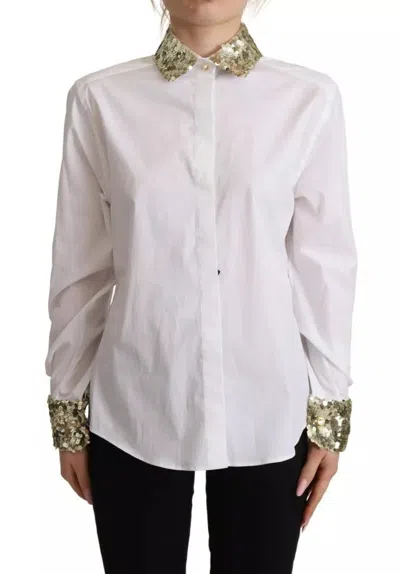 Pre-owned Dolce & Gabbana White Cotton Collared Long Sleeves Sequin Top Women's Shirt ()