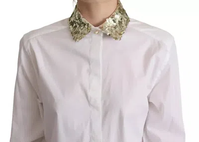Pre-owned Dolce & Gabbana White Cotton Collared Long Sleeves Sequin Top Women's Shirt ()