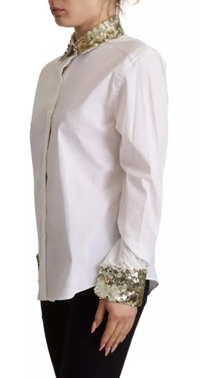 Pre-owned Dolce & Gabbana White Cotton Collared Long Sleeves Sequin Top Women's Shirt ()