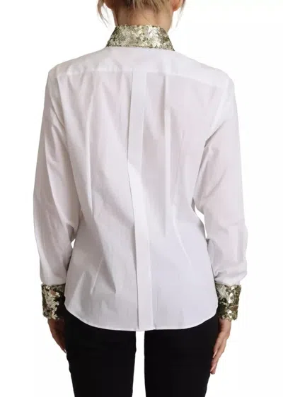 Pre-owned Dolce & Gabbana White Cotton Collared Long Sleeves Sequin Top Women's Shirt ()