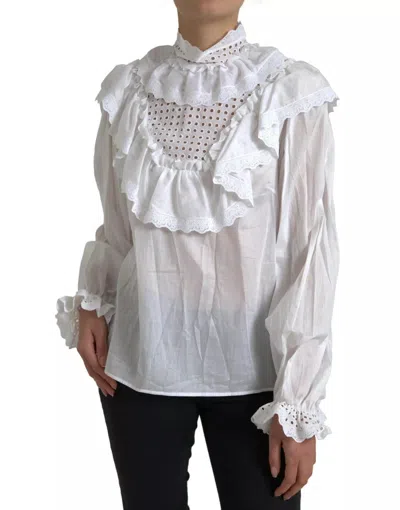 Pre-owned Dolce & Gabbana White Cotton Lace Trim Turtle Neck Women's Blouse ()