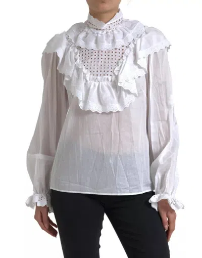 Pre-owned Dolce & Gabbana White Cotton Lace Trim Turtle Neck Women's Blouse ()