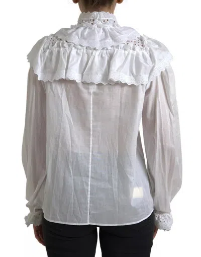 Pre-owned Dolce & Gabbana White Cotton Lace Trim Turtle Neck Women's Blouse ()