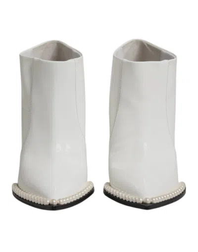 Pre-owned Dolce & Gabbana White Faux Pearl Leather Pointed Toe Ankle Boot Women's Shoes ()