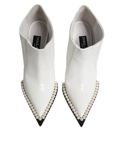 Pre-owned Dolce & Gabbana White Faux Pearl Leather Pointed Toe Ankle Boot Women's Shoes ()