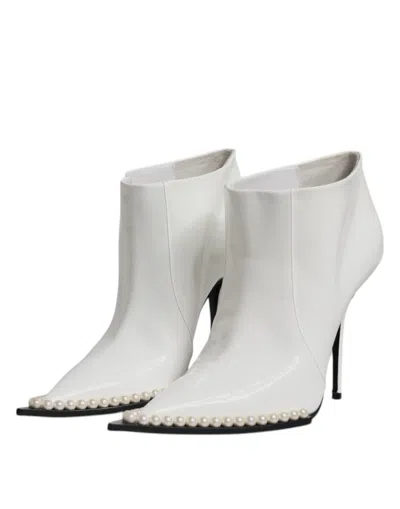 Pre-owned Dolce & Gabbana White Faux Pearl Leather Pointed Toe Ankle Boot Women's Shoes ()