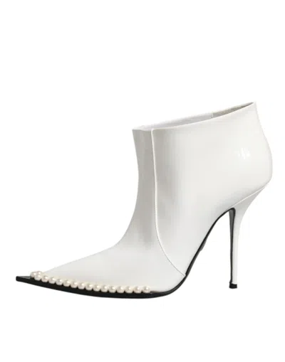 Pre-owned Dolce & Gabbana White Faux Pearl Leather Pointed Toe Ankle Boot Women's Shoes ()