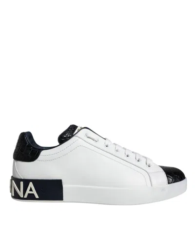Pre-owned Dolce & Gabbana White Leather Logo Portofino Sneaker Men's Shoes () In Multi