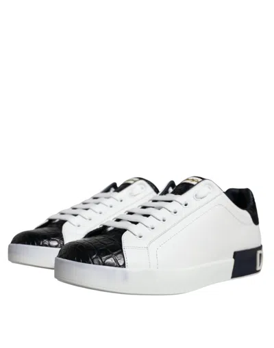 Pre-owned Dolce & Gabbana White Leather Logo Portofino Sneaker Men's Shoes () In Multi