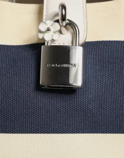 Pre-owned Dolce & Gabbana White Navy Striped Canvas Top Handle Tote Women's Bag () In Multi