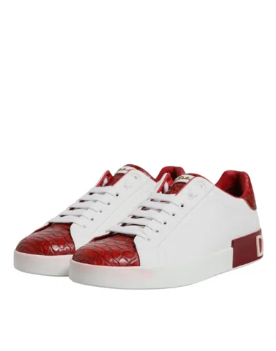 Pre-owned Dolce & Gabbana White Red Leather Portofino Men Sneaker Men's Shoes () In Multi