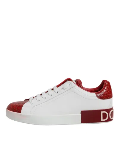 Pre-owned Dolce & Gabbana White Red Leather Portofino Men Sneaker Men's Shoes () In Multi