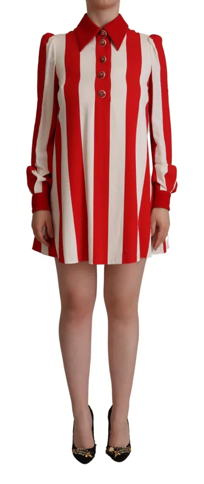 Dolce & Gabbana White Red Stripes Long Sleeves Mini Dress In Red